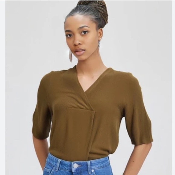 COS Blouse Half sleeve Ribbed Faux wrap Maroon/Green/Ocre Lagenlook V neck Sz L - Picture 1 of 14